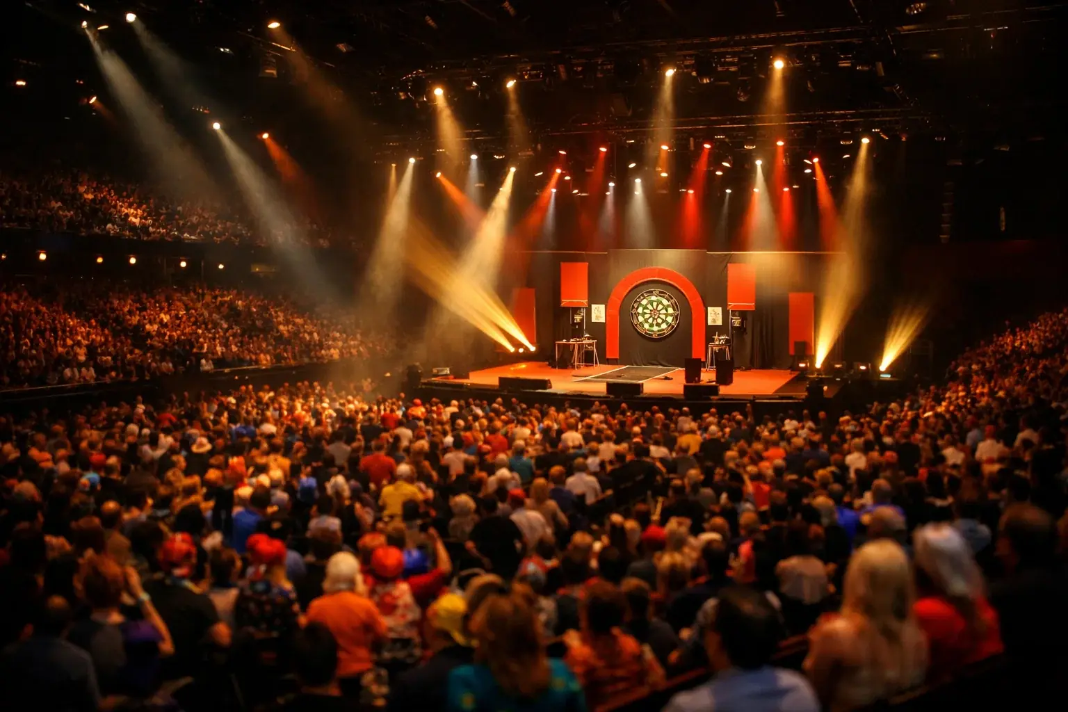 Beleuchtete Bühne im Alexandra Palace während der Darts WM mit Dartscheibe und Publikum