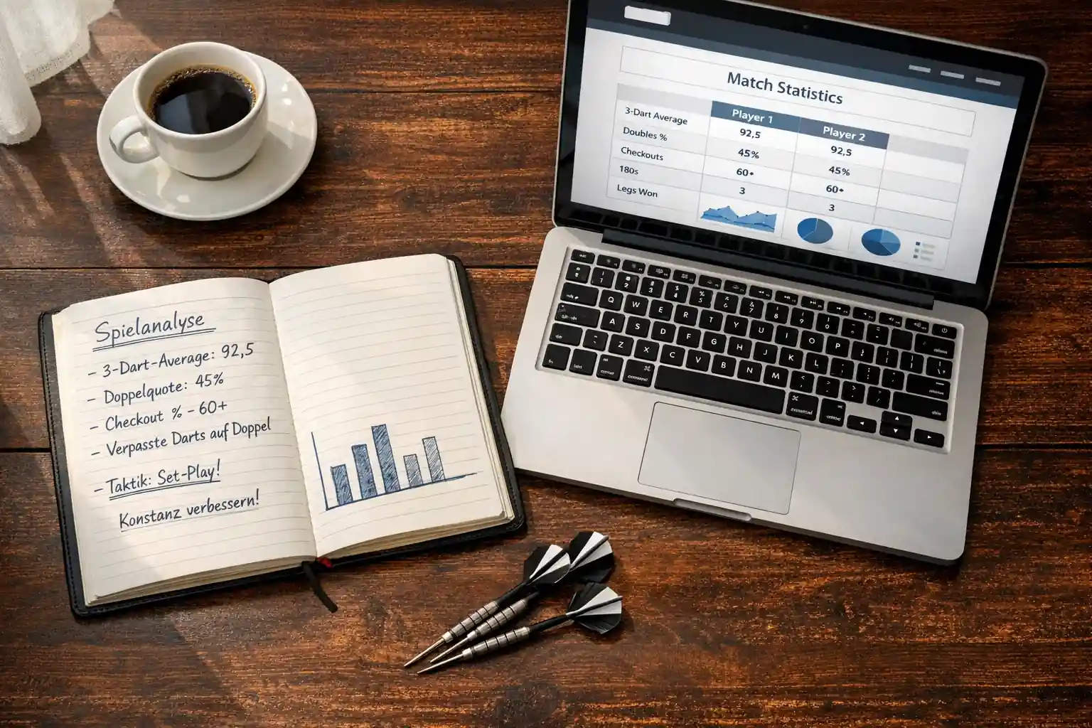 Notizbuch mit handschriftlichen Darts-Statistiken und Strategienotizen neben einem Laptop